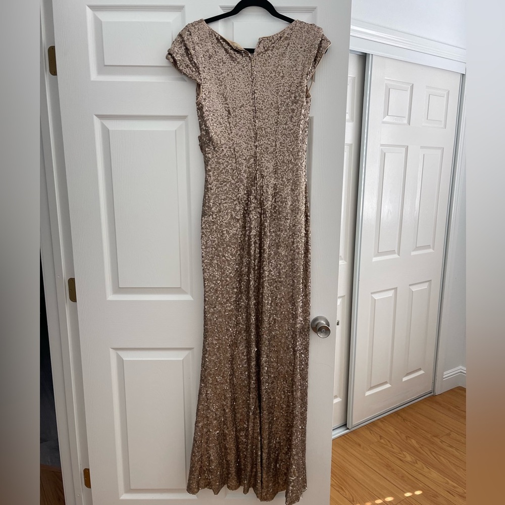 Badgley Mischka Long Sequin Gold Gown. - Picture 2 of 6